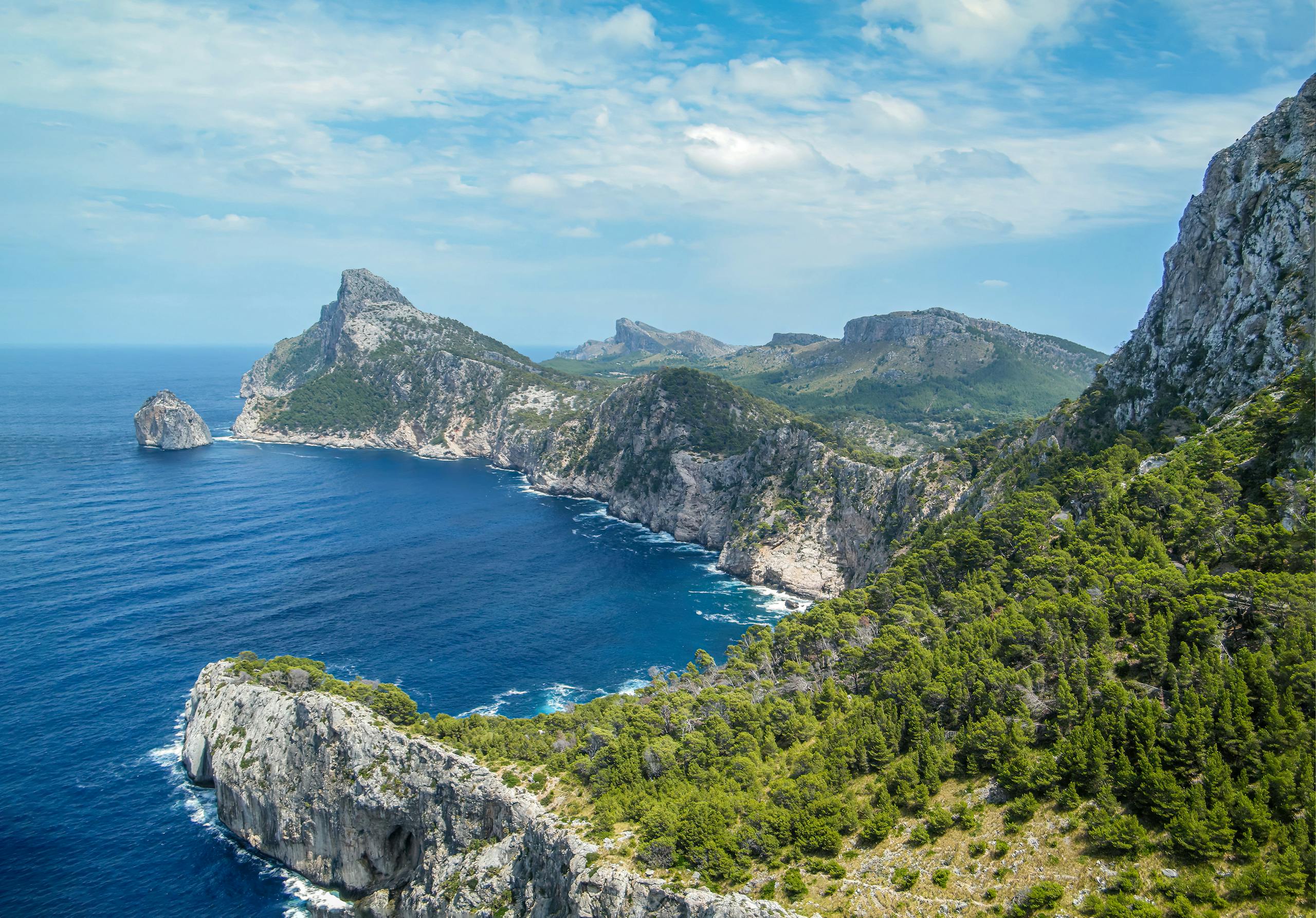 Breathtaking aerial view of the rocky coastline and turquoise sea in IB, Spain.