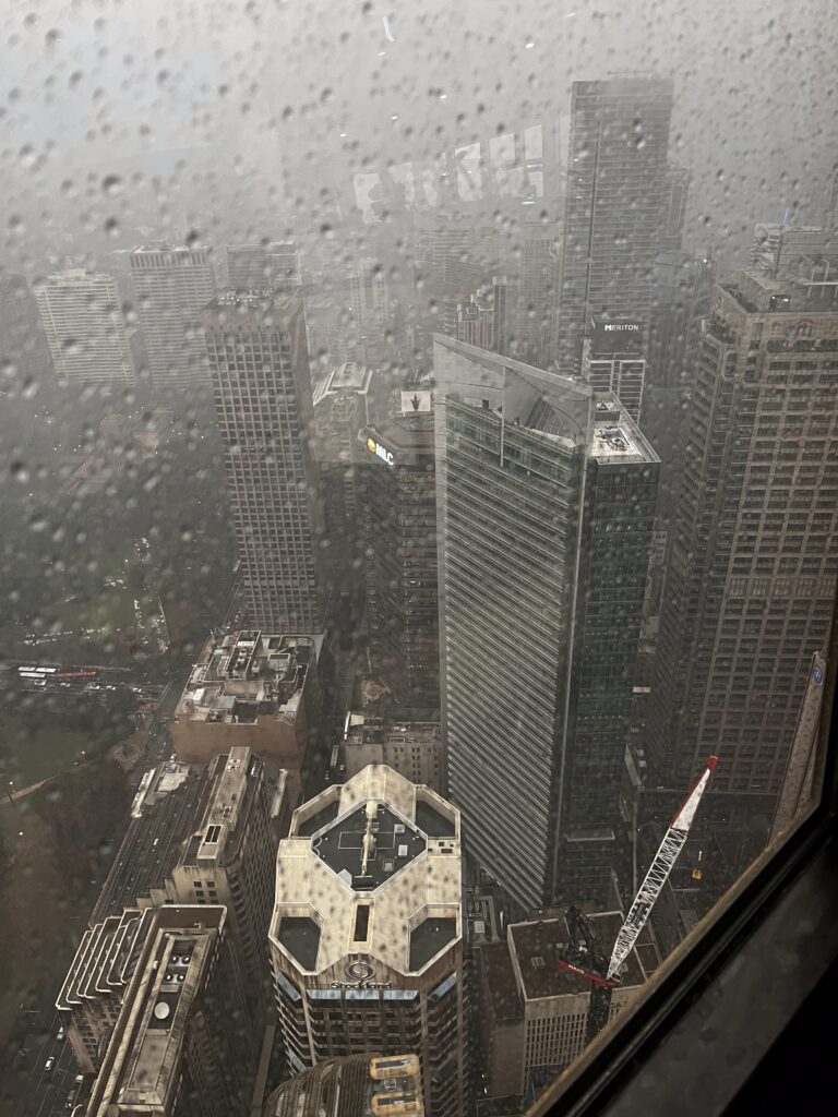 Sydney v dešti při pohledu ze Sydney eye